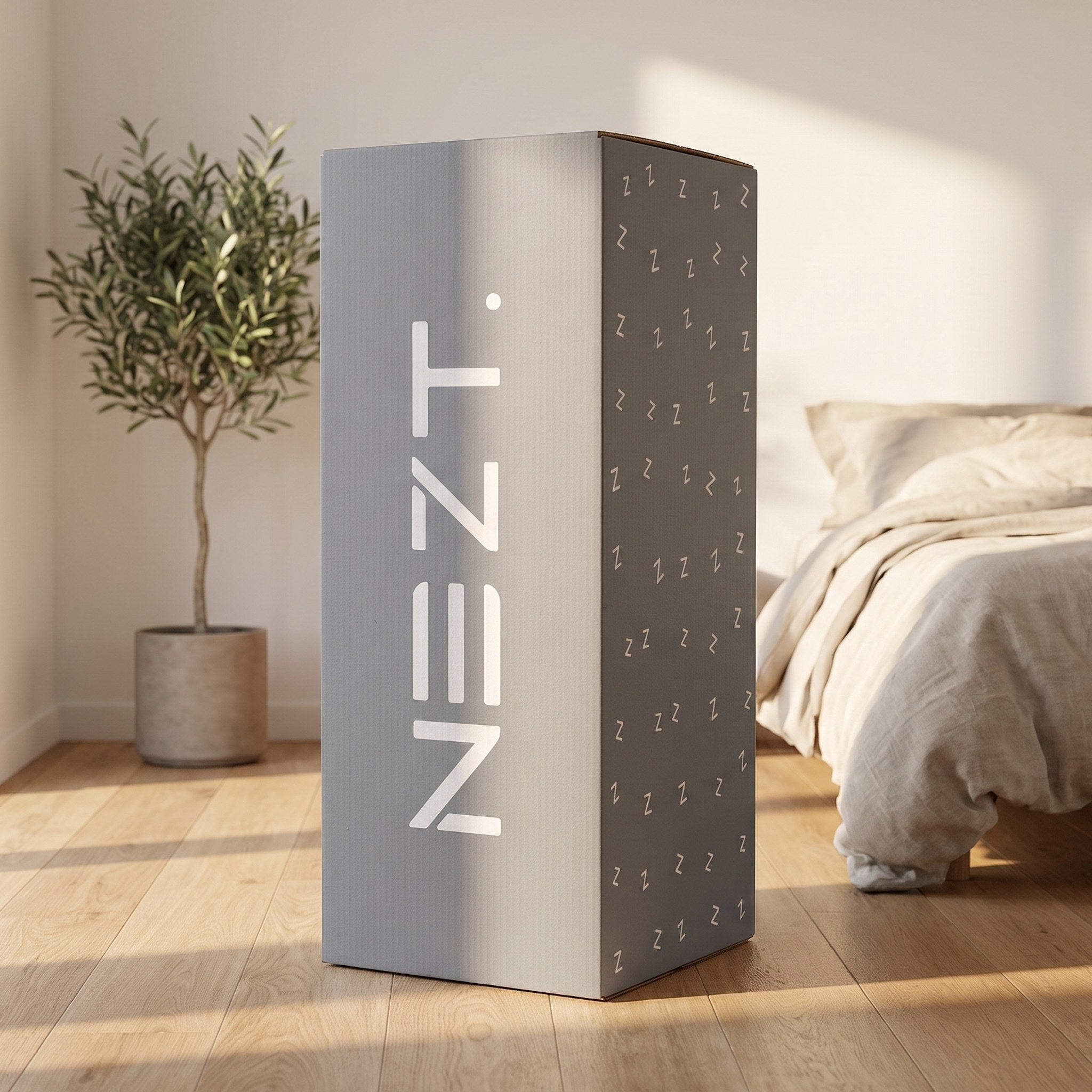 Caja NEZT con el colchón comprimido, en una recámara
