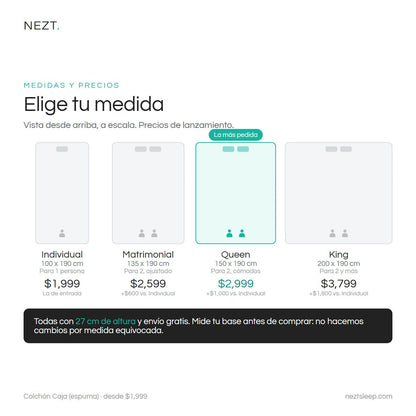 Medidas y precios del colchón NEZT Caja (espuma)